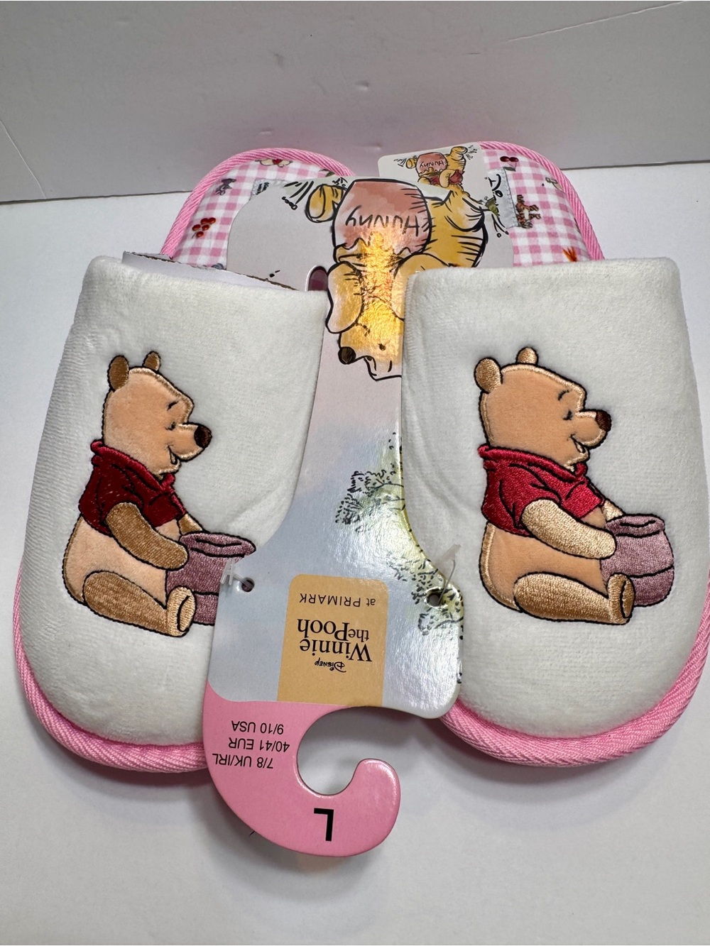 NWT Primark Disney Winnie The Pooh Pink Plaid Fleece Mule Slippers Large 9/10